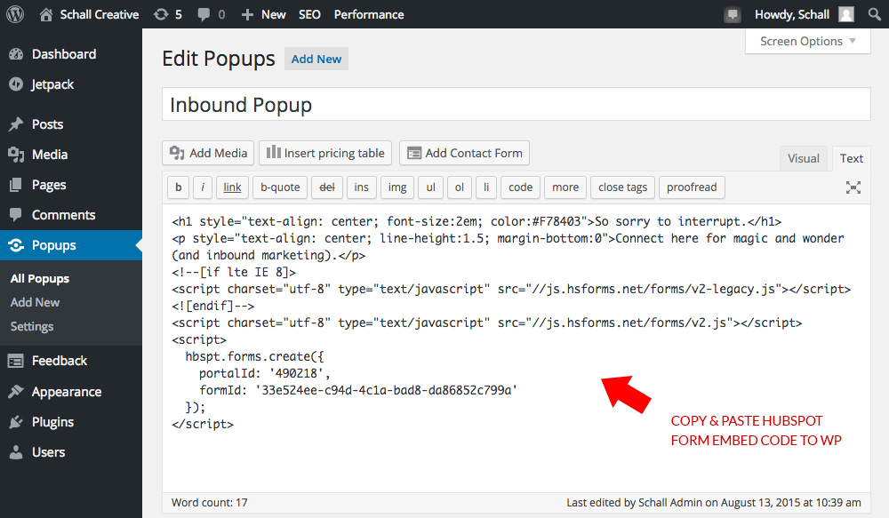 Wordpress and HubSpot Form to Create Popup Message